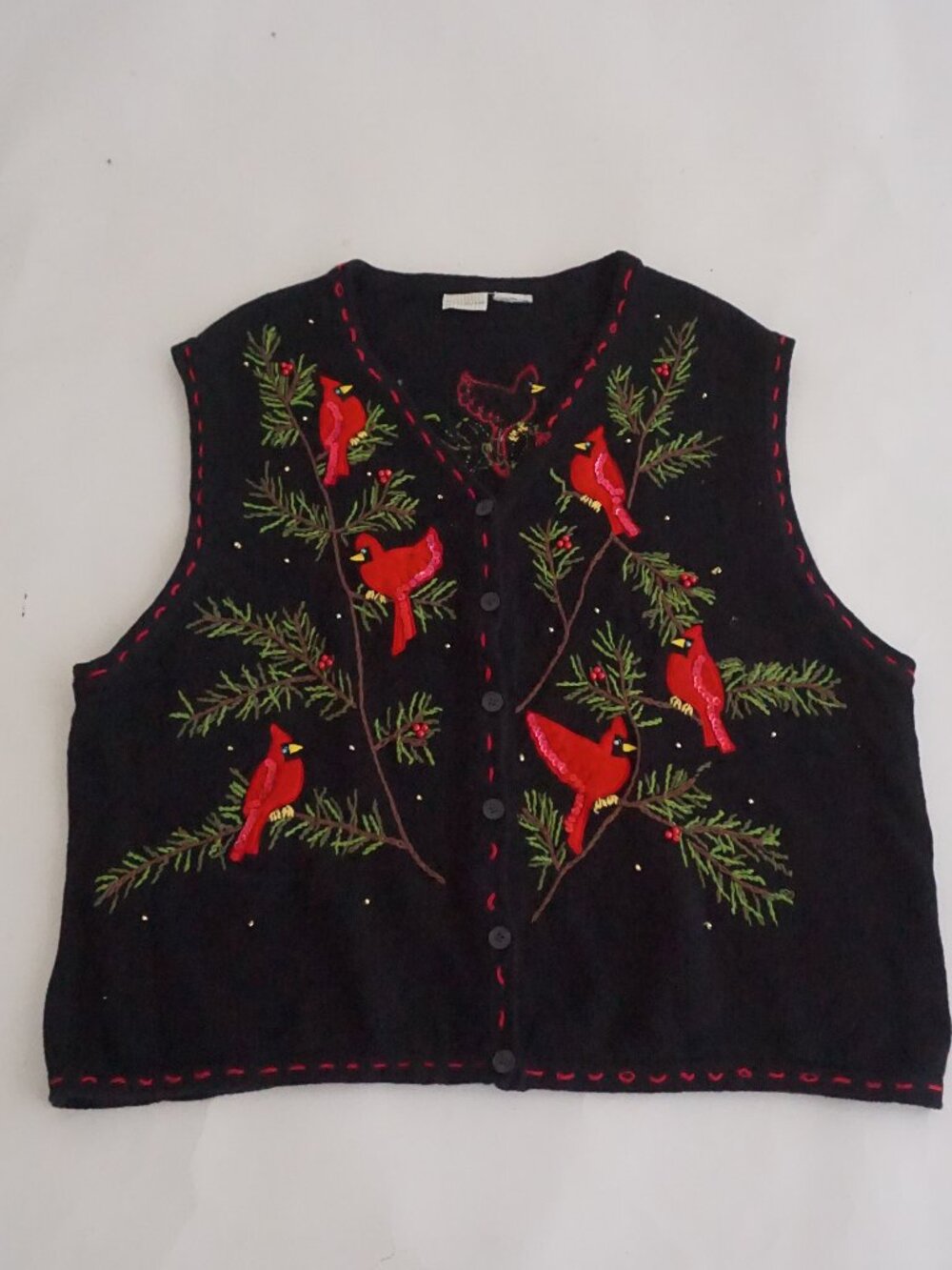 Vintage White Stag Black Red Cardinal Pine Berry Christmas Holiday Knit Vest 26W